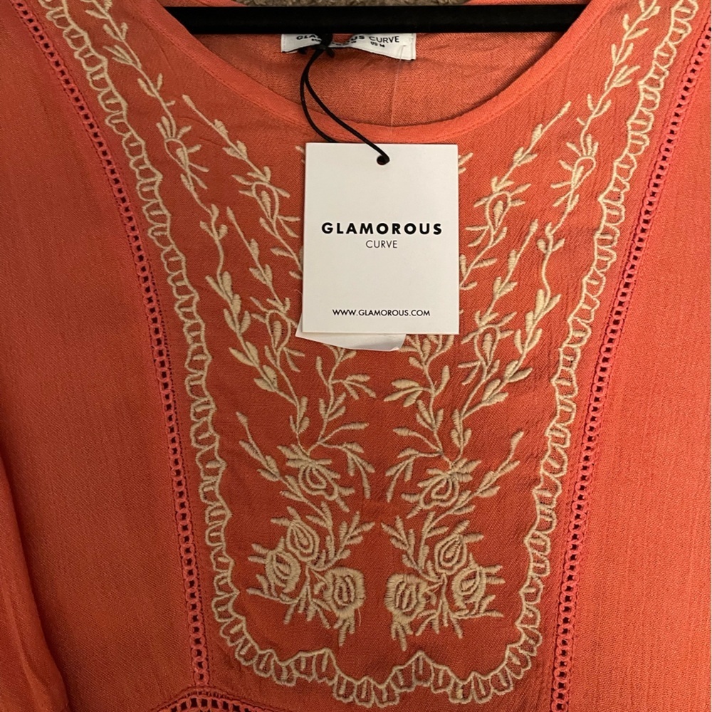 Glamorous Curve Boho Embroidered Bell-Sleeve Dress Orange White Rayon Sz 14 - Picture 14 of 14